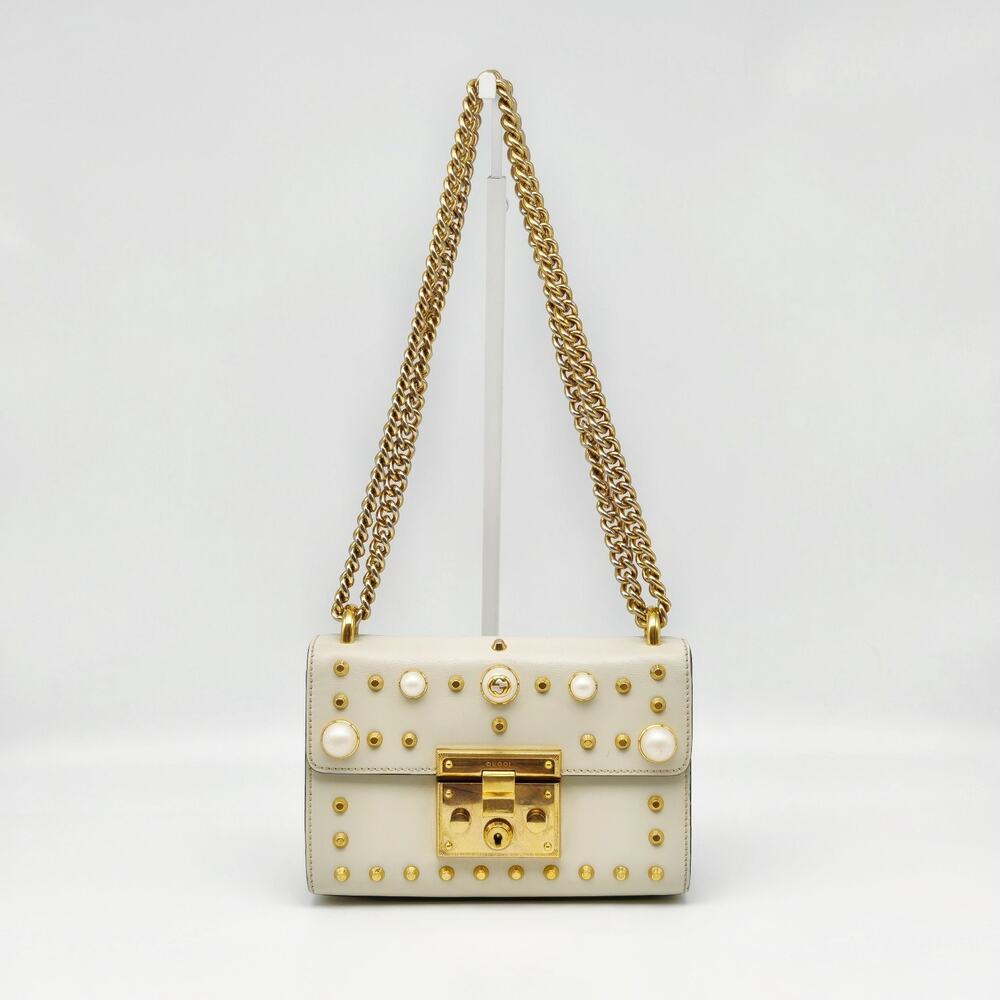 Gucci Padlock Small Pearl Stud White Leather Chain Shoulder Bag